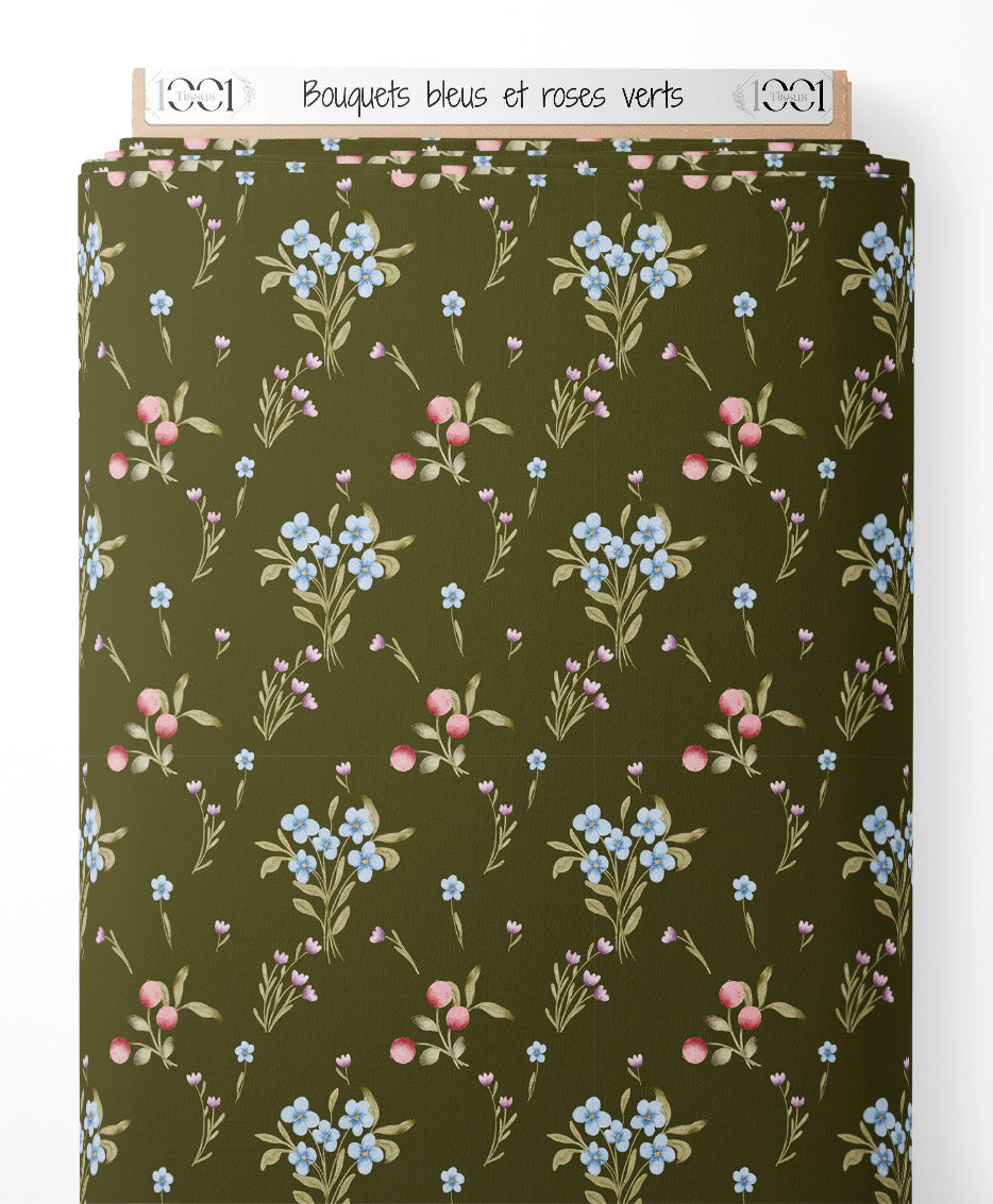 Tissu - Bouquets bleus et roses verts