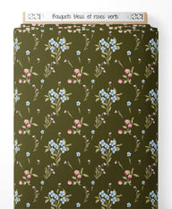 Tissu - Bouquets bleus et roses verts