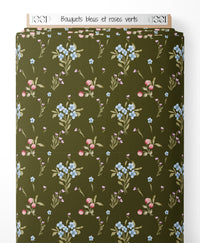 Tissu - Bouquets bleus et roses verts