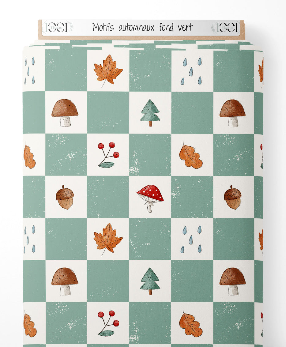 Tissu - Motifs automnaux sur fond vert