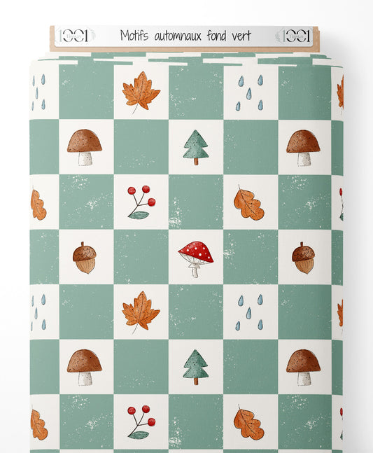 Tissu - Motifs automnaux sur fond vert
