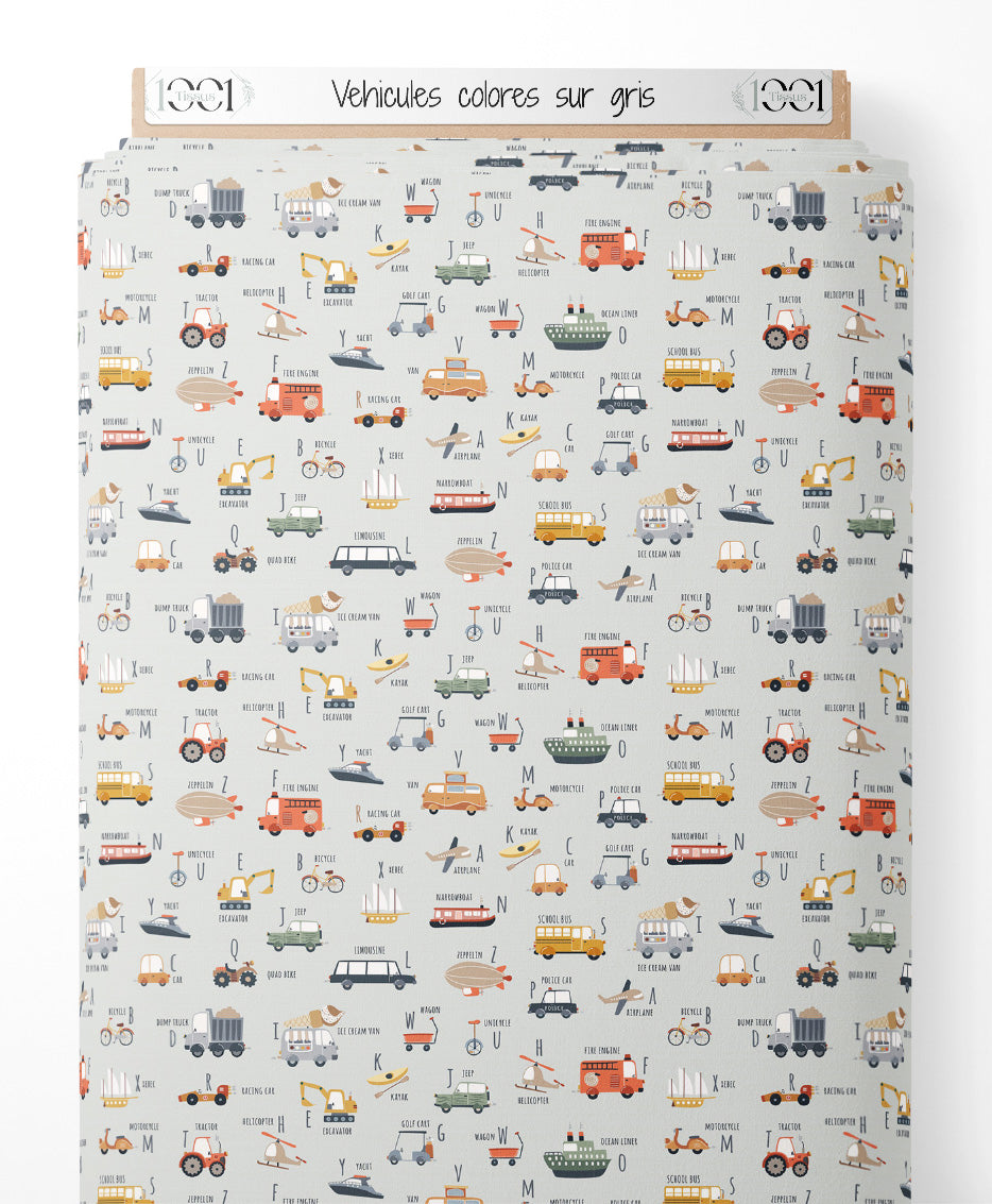 Tissu - Véhicules colorés sur gris
