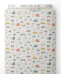 Tissu - Véhicules colorés sur gris