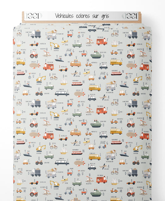 Tissu - Véhicules colorés sur gris