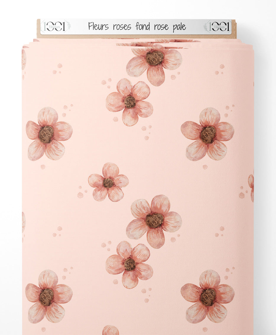 Tissu - Fleurs roses sur fond rose pâle