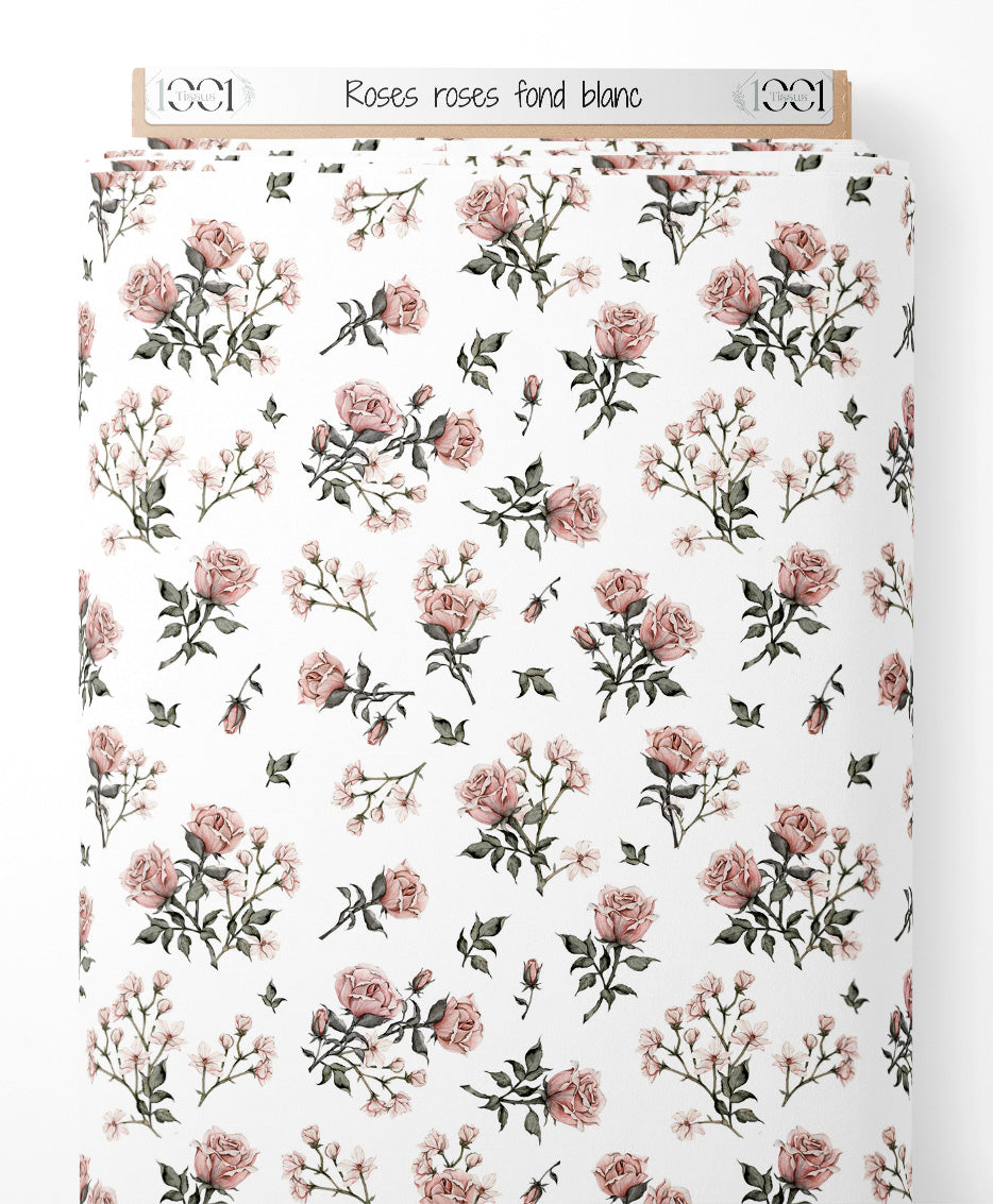 Tissu - Roses roses sur fond blanc