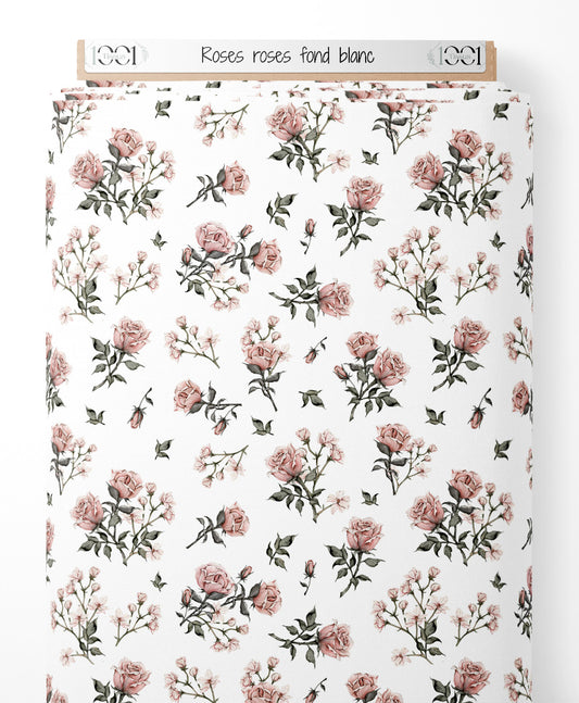 Tissu - Roses roses sur fond blanc