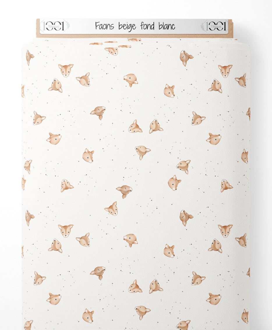 Tissu - Faons beige sur fond blanc