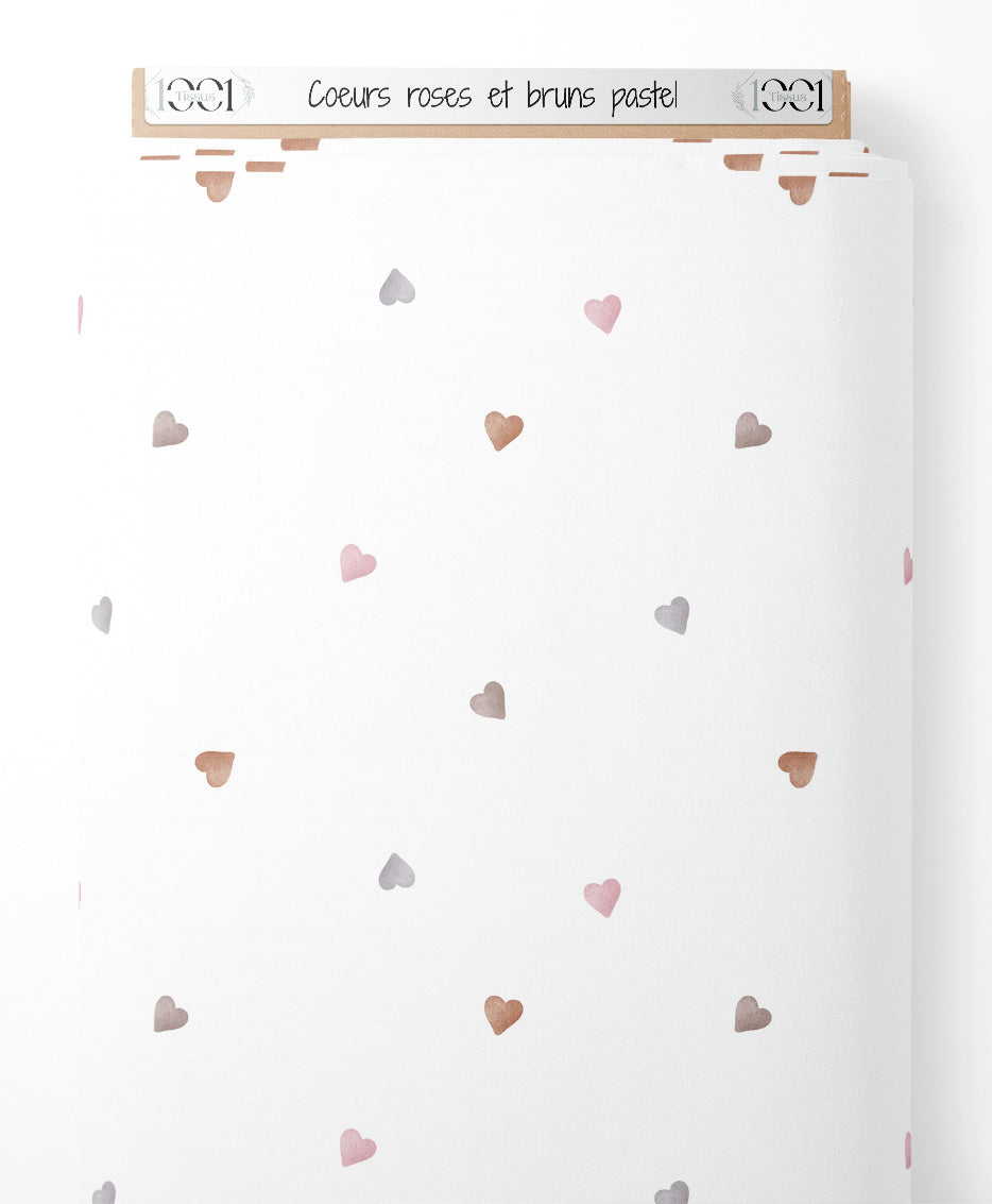 Tissu - Cœurs roses et bruns pastel
