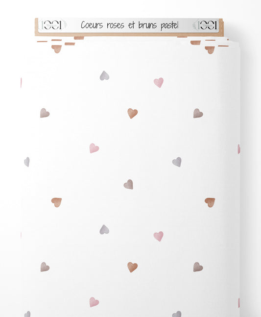 Tissu - Cœurs roses et bruns pastel