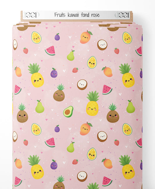 Tissu - Fruits kawaii sur fond rose