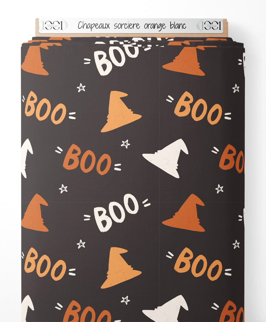Tissu - Chapeaux sorcière orange blanc