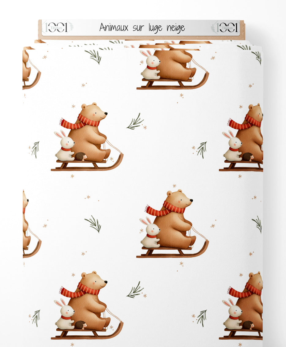 Tissu - Animaux sur luge neige