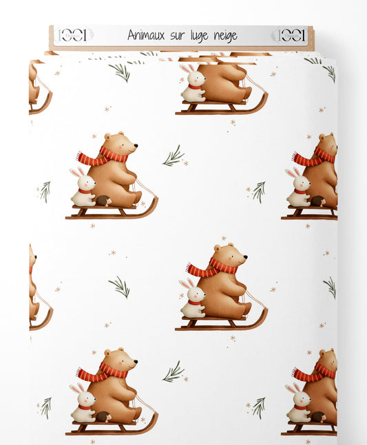 Tissu - Animaux sur luge neige