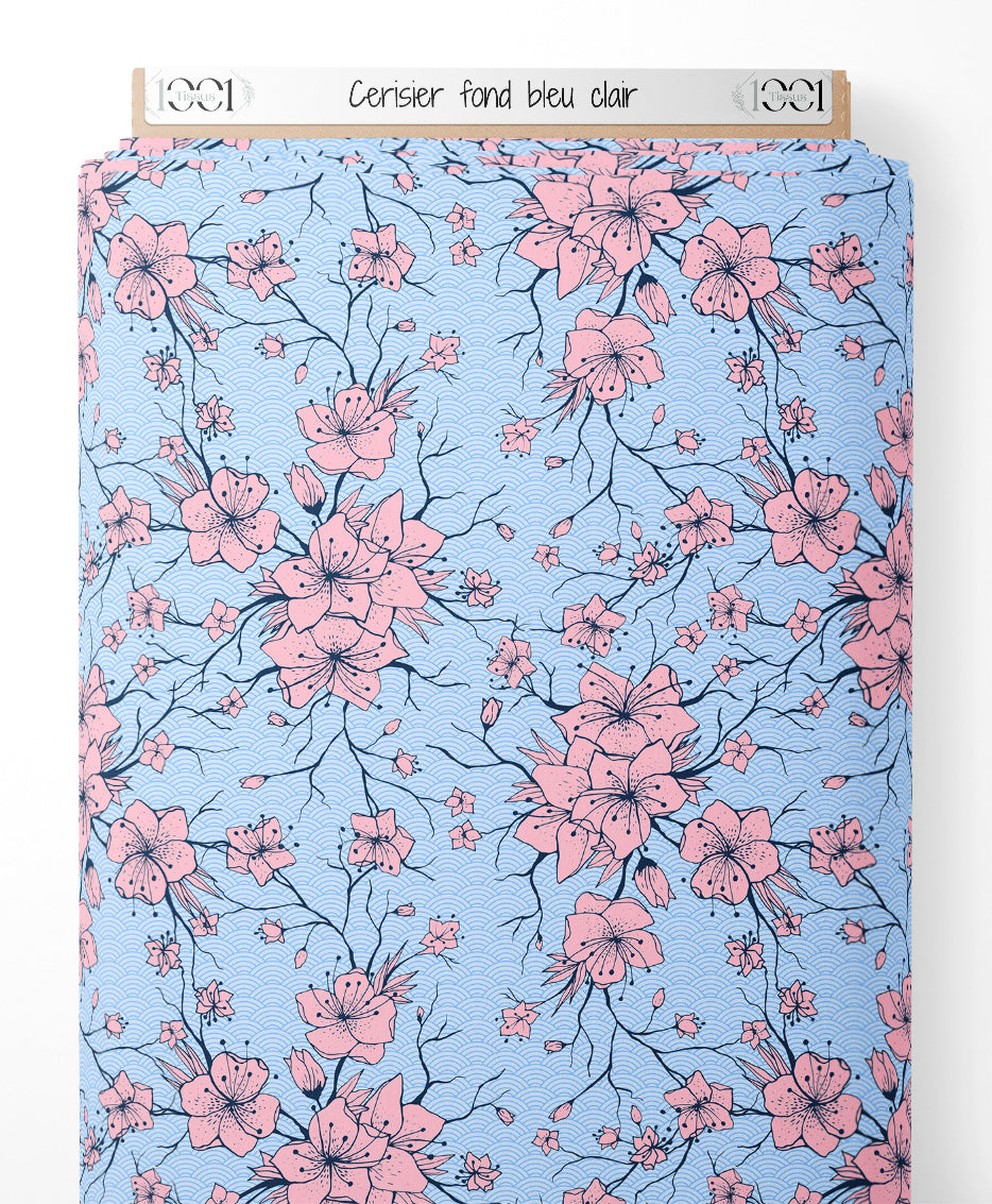 Tissu - Cerisier sur fond bleu clair