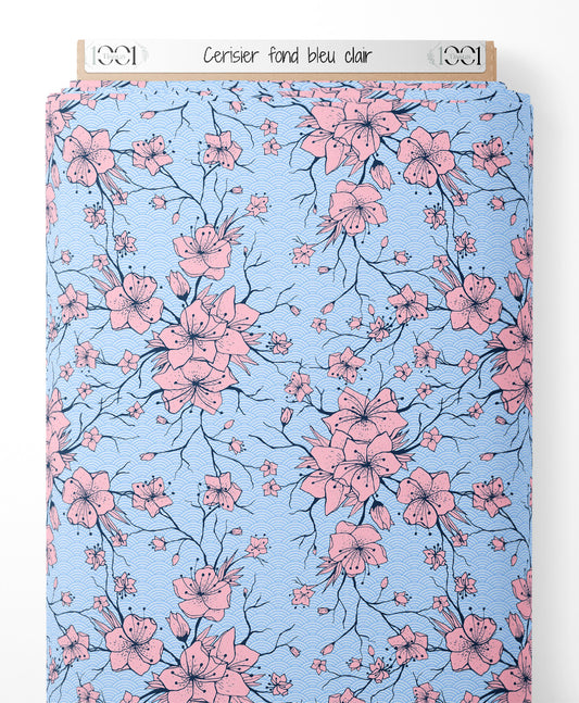 Tissu - Cerisier sur fond bleu clair