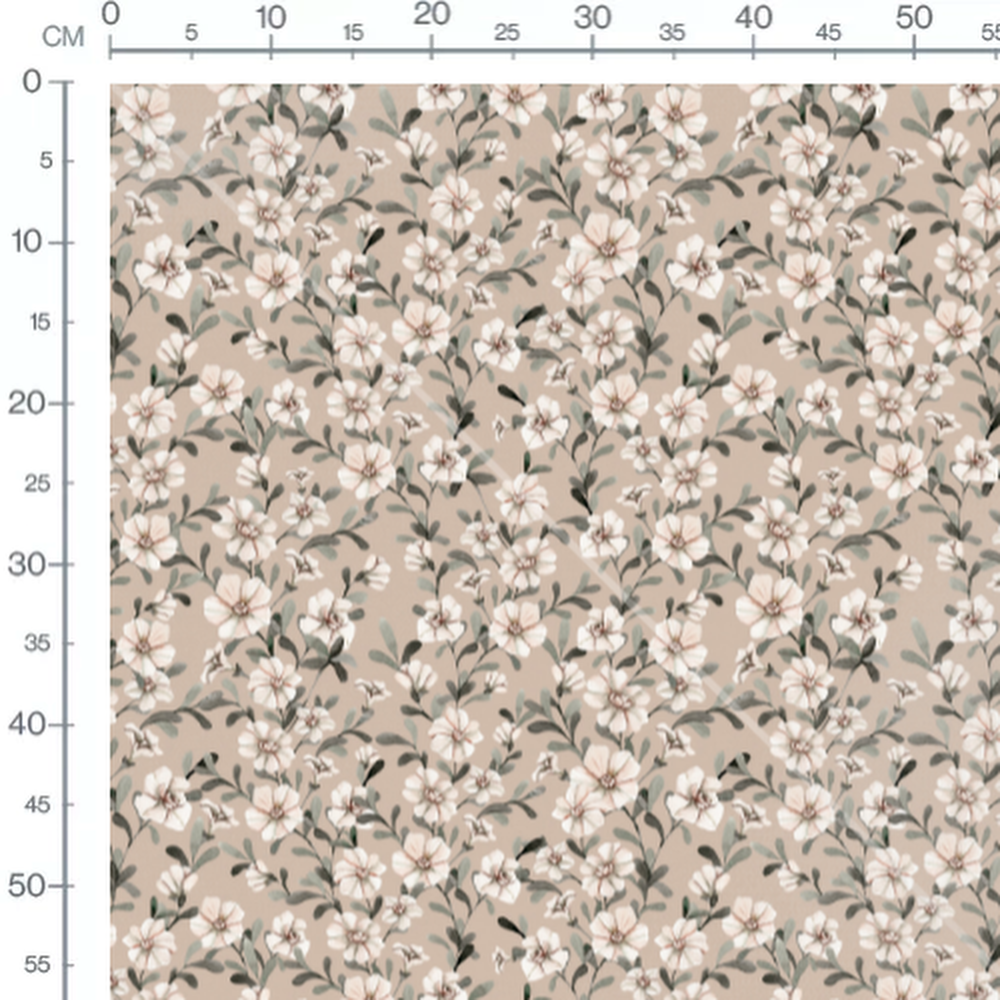 Tissu - Fleurs beige et feuilles vertes 2 2