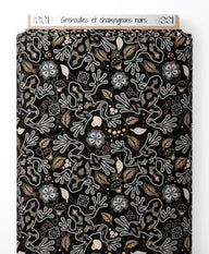 Tissu - Grenouilles et champignons noirs