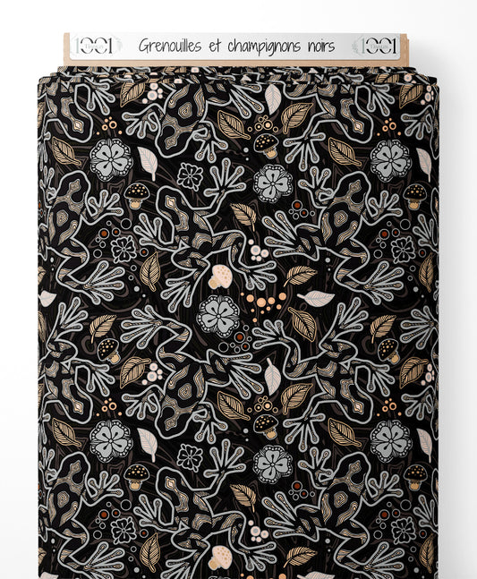 Tissu - Grenouilles et champignons noirs