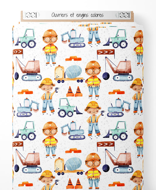 Tissu - Ouvriers et engins colorés