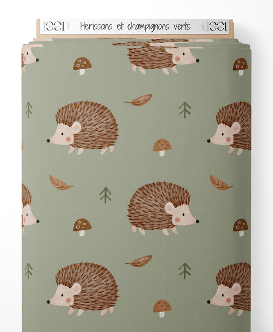 Tissu - Hérissons et champignons verts