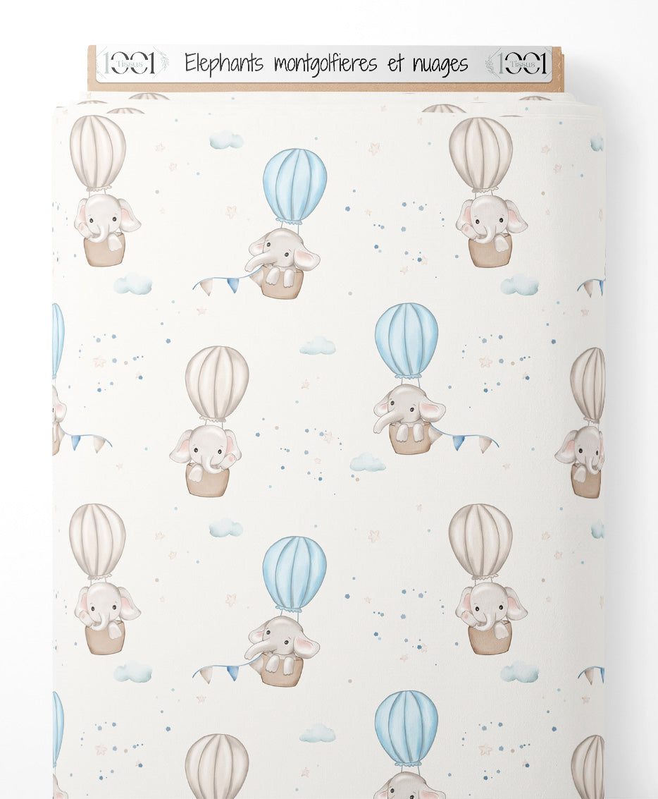 Tissu - Éléphants montgolfières et nuages