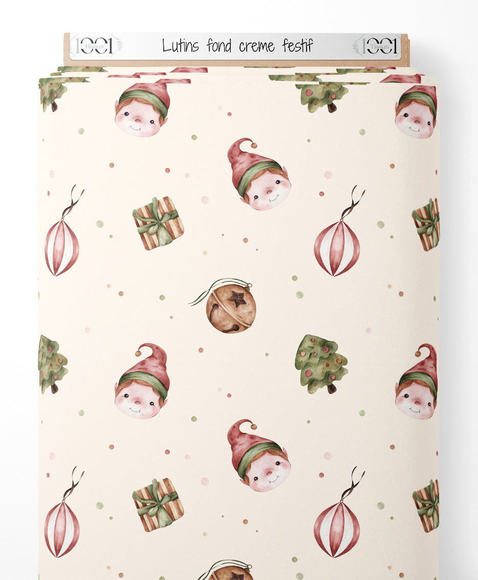 Tissu - Lutins sur fond crème festif