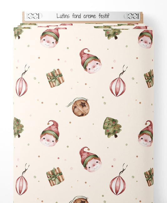 Tissu - Lutins sur fond crème festif
