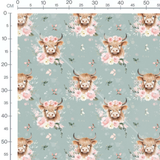 Tissu - Vaches fleuries sur bleu-gris