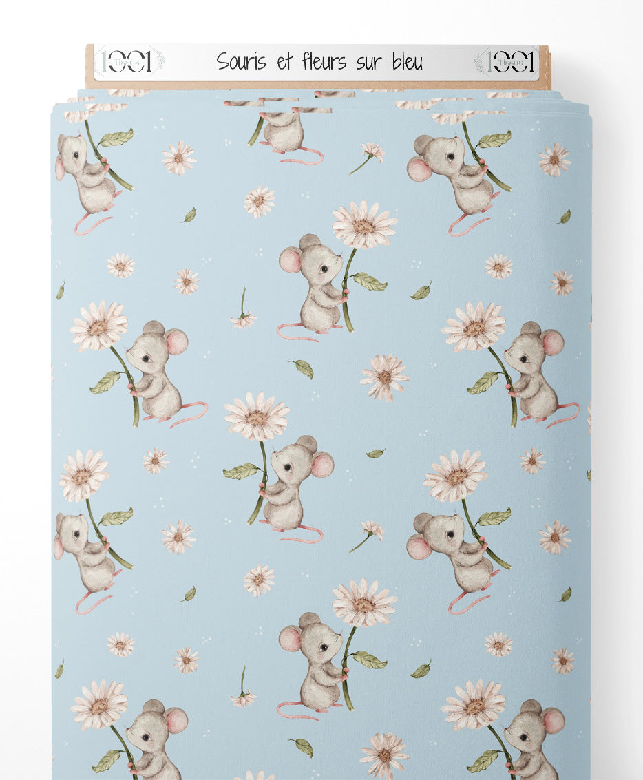 Tissu - Souris et fleurs sur bleu