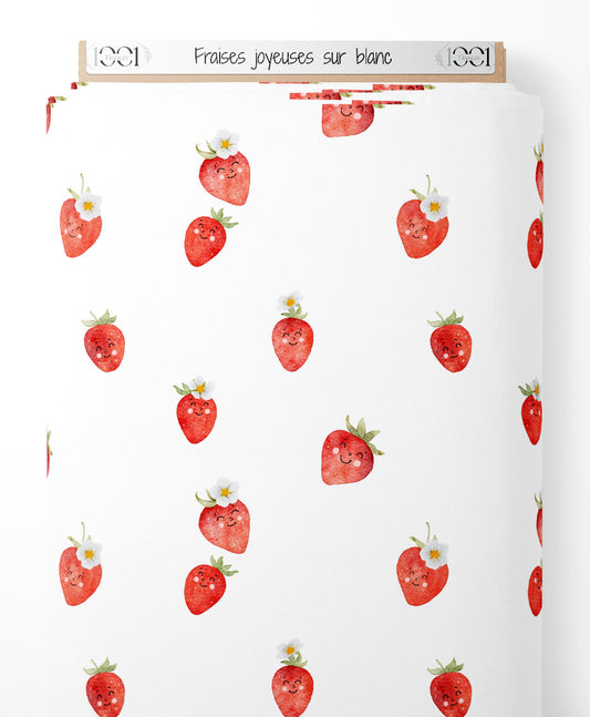 Tissu - Fraises joyeuses sur blanc