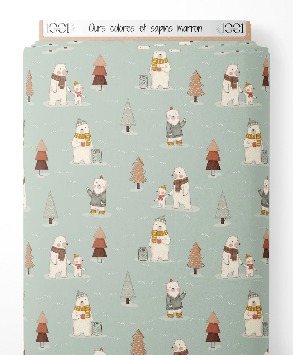 Tissu - Ours colorés et sapins marron