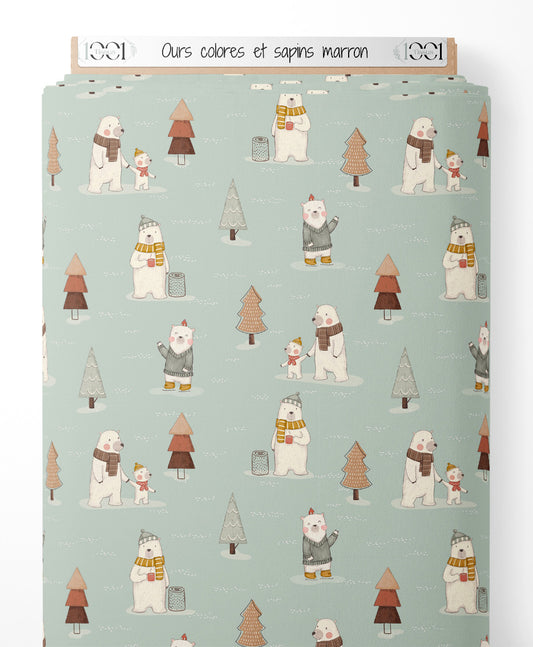 Tissu - Ours colorés et sapins marron