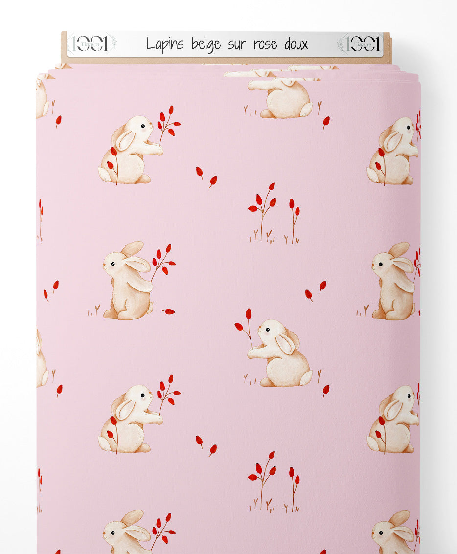 Tissu - Lapins beige sur rose doux