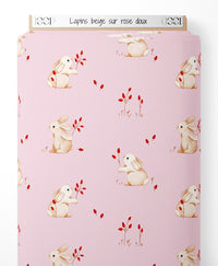 Tissu - Lapins beige sur rose doux