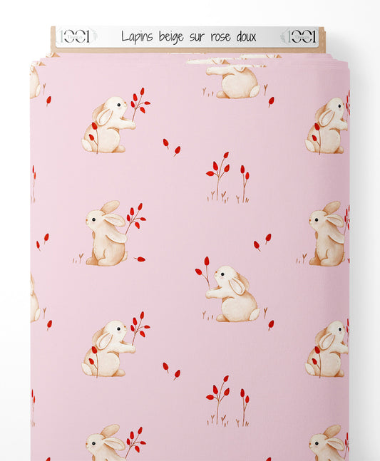 Tissu - Lapins beige sur rose doux