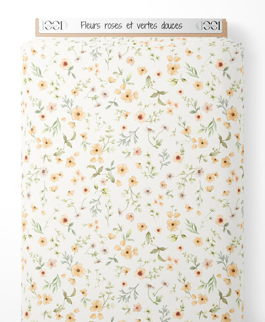 Tissu - Fleurs roses et vertes douces