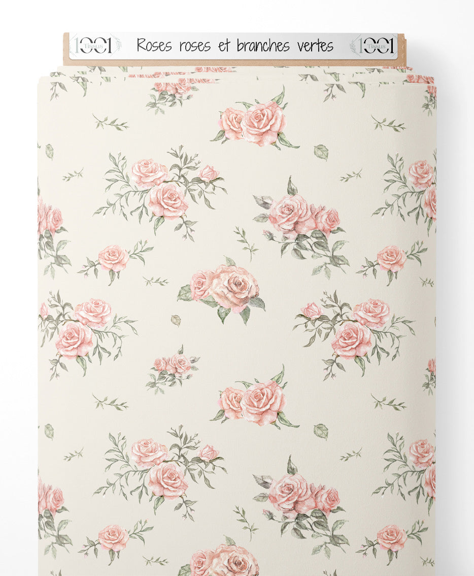 Tissu - Roses roses et branches vertes
