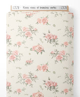 Tissu - Roses roses et branches vertes