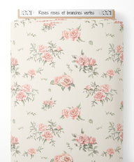 Tissu - Roses roses et branches vertes