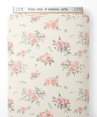 Tissu - Roses roses et branches vertes