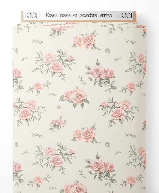 Tissu - Roses roses et branches vertes