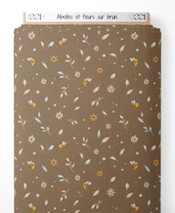Tissu - Abeilles et fleurs sur brun