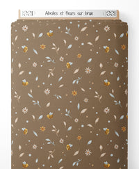 Tissu - Abeilles et fleurs sur brun