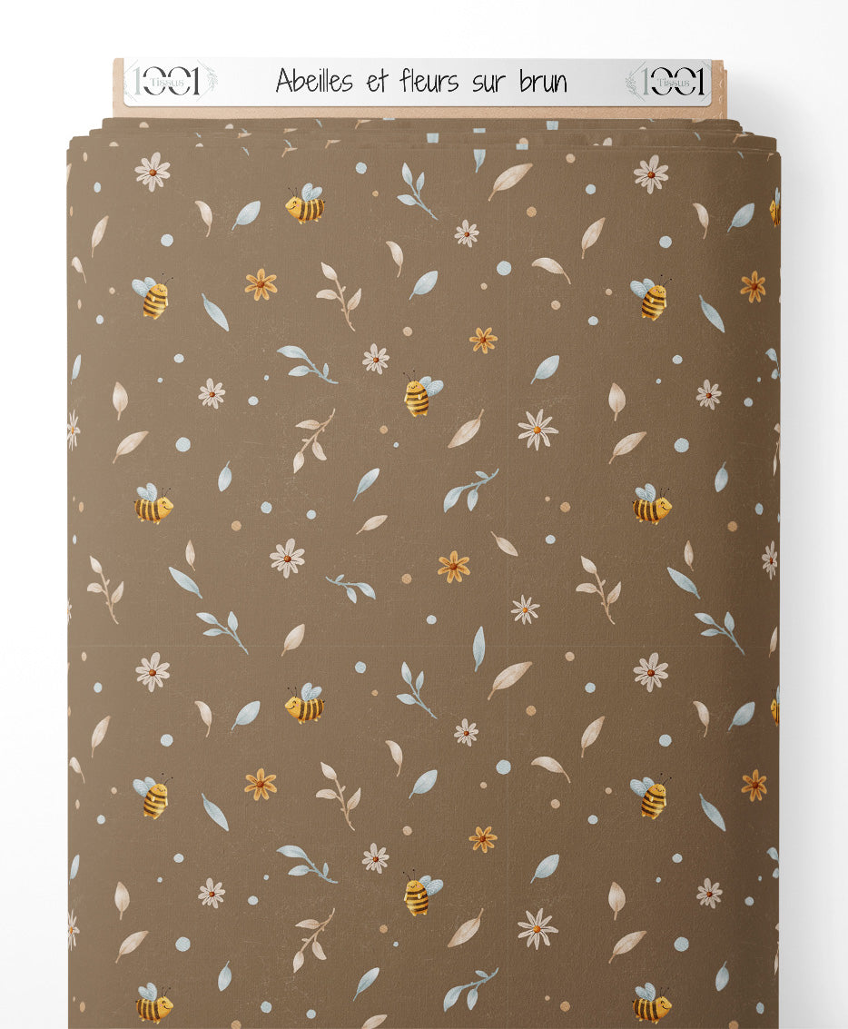 Tissu - Abeilles et fleurs sur brun