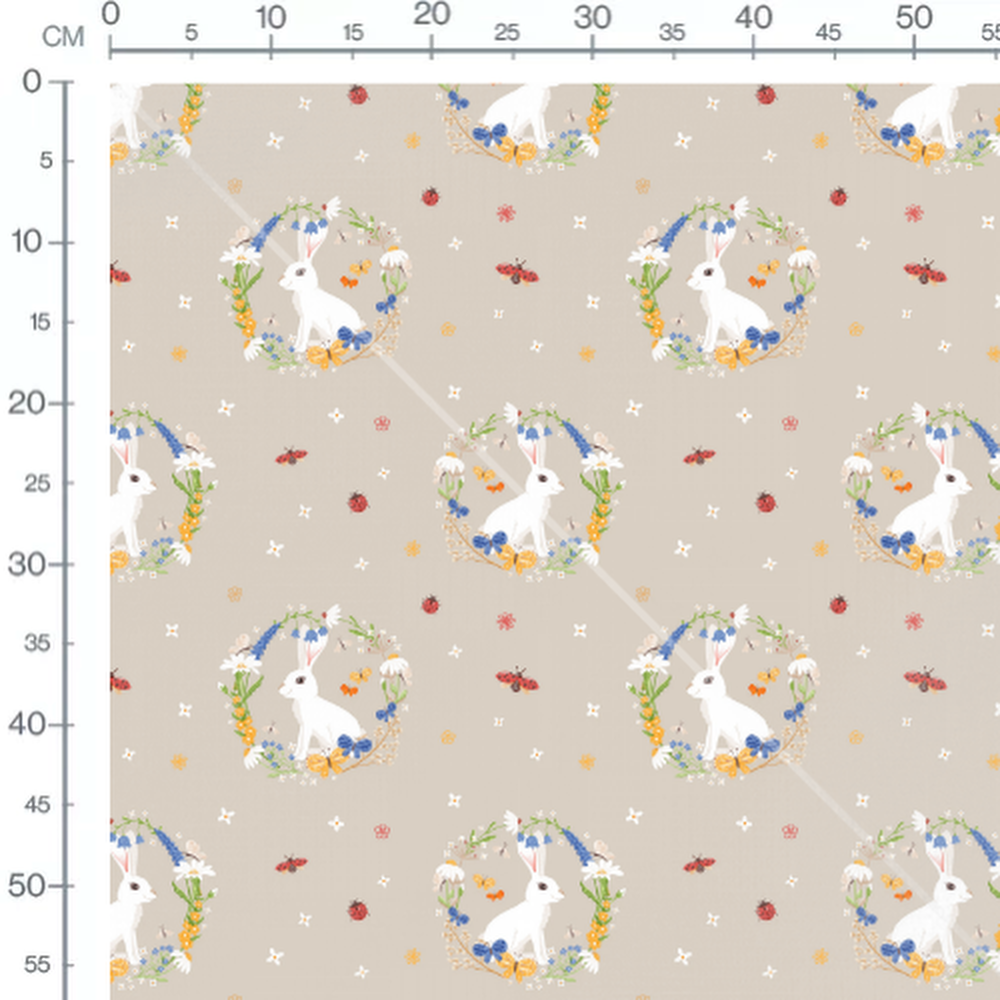 Tissu - Lapins et fleurs sur fond beige 2