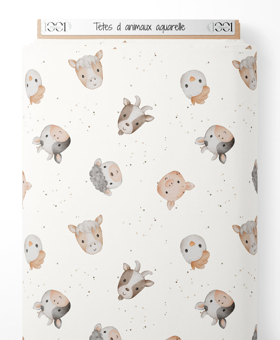 Tissu - Têtes d'animaux aquarelle
