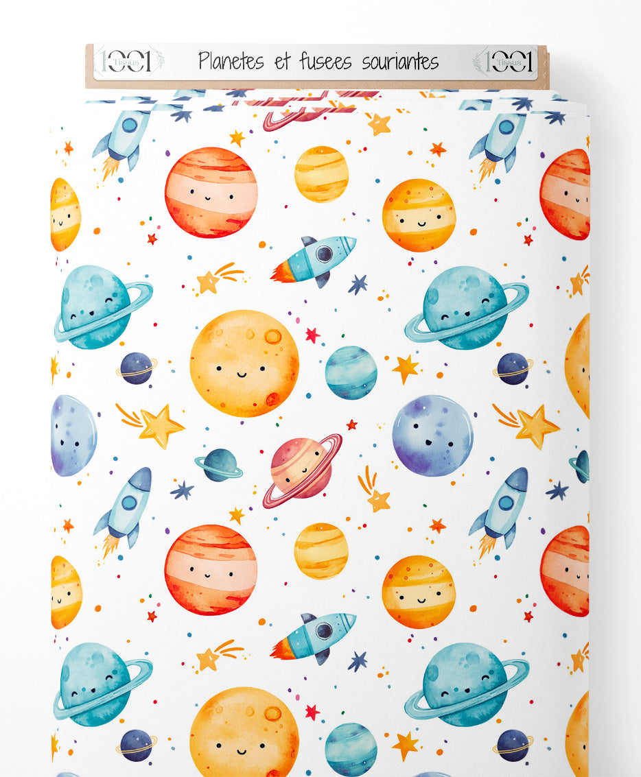 Tissu - Planètes et fusées souriantes