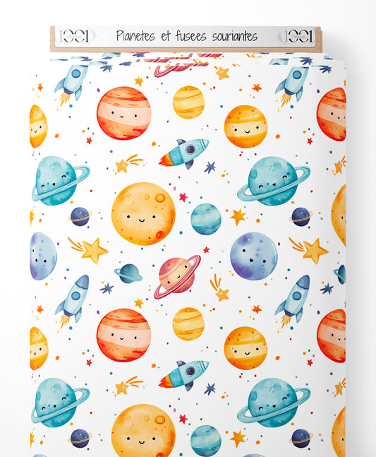 Tissu - Planètes et fusées souriantes