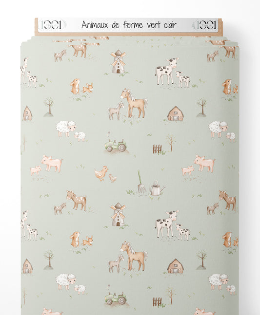 Tissu - Animaux de ferme vert clair